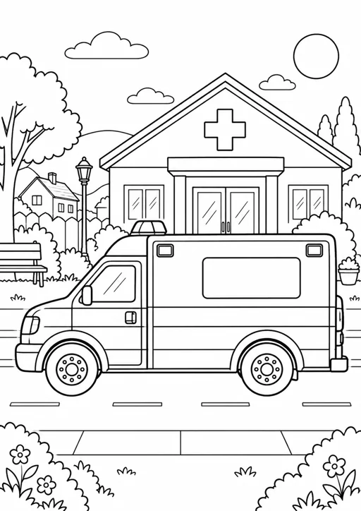 Ambulance dans la ville : dessin en noir et blanc à colorier