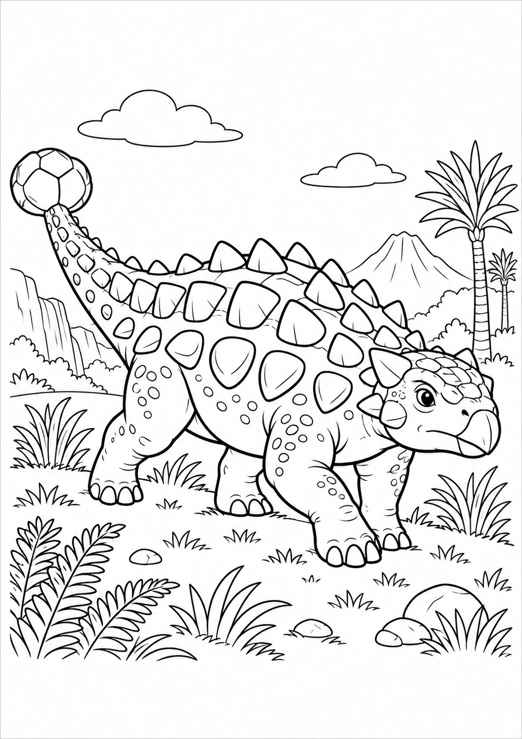 Ankylosaure sur la colline : dessin en noir et blanc à colorier