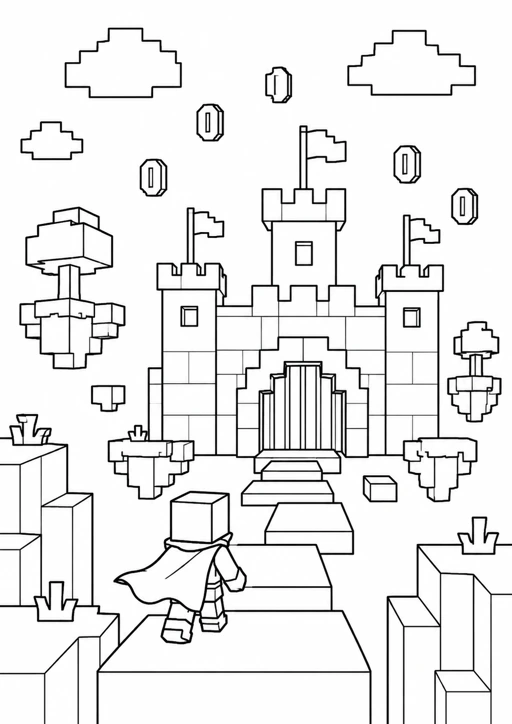 Aventure pixel devant le château : dessin noir et blanc à colorier