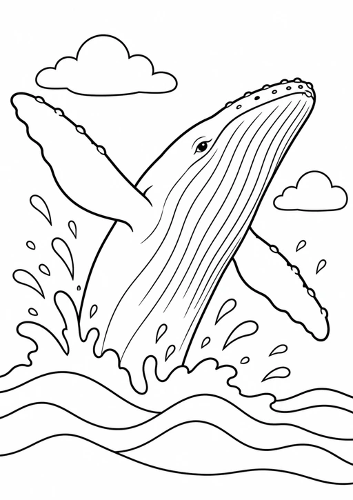 Baleine au milieu des vagues : dessin noir et blanc à colorier