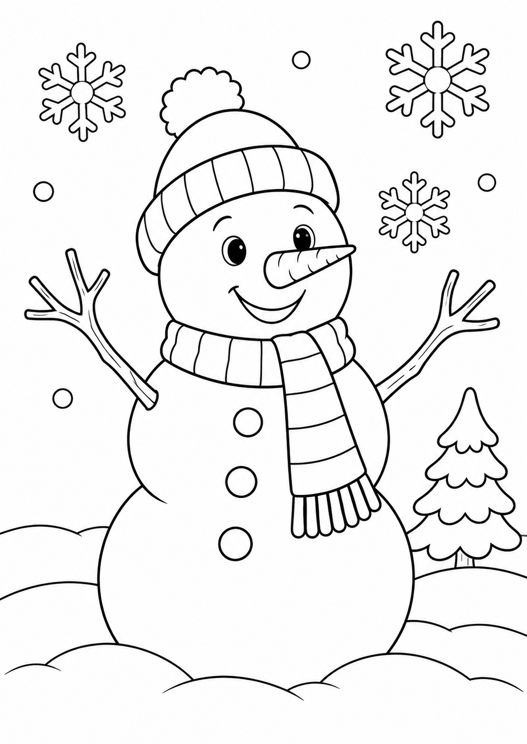 Bonhomme de neige avec un bonnet et une écharpe rayée près d’un sapin, coloriage d’hiver simple.