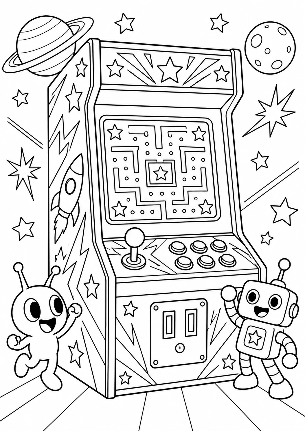 Borne d’arcade imaginaire : dessin en noir et blanc à colorier