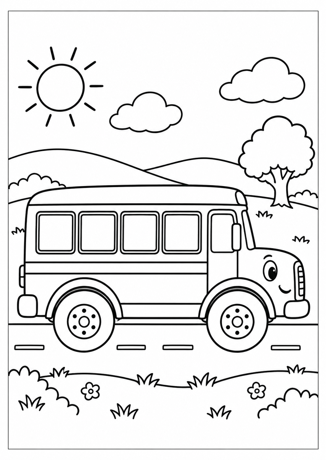 Bus scolaire sur la route : dessin noir et blanc à colorier