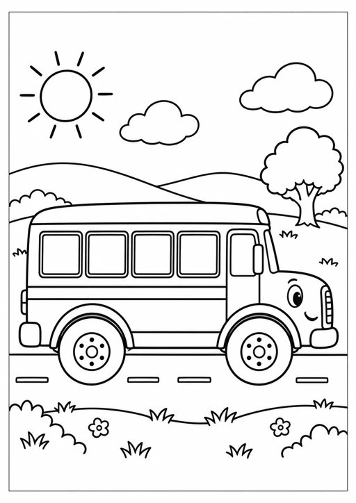 Bus scolaire sur la route : dessin noir et blanc à colorier