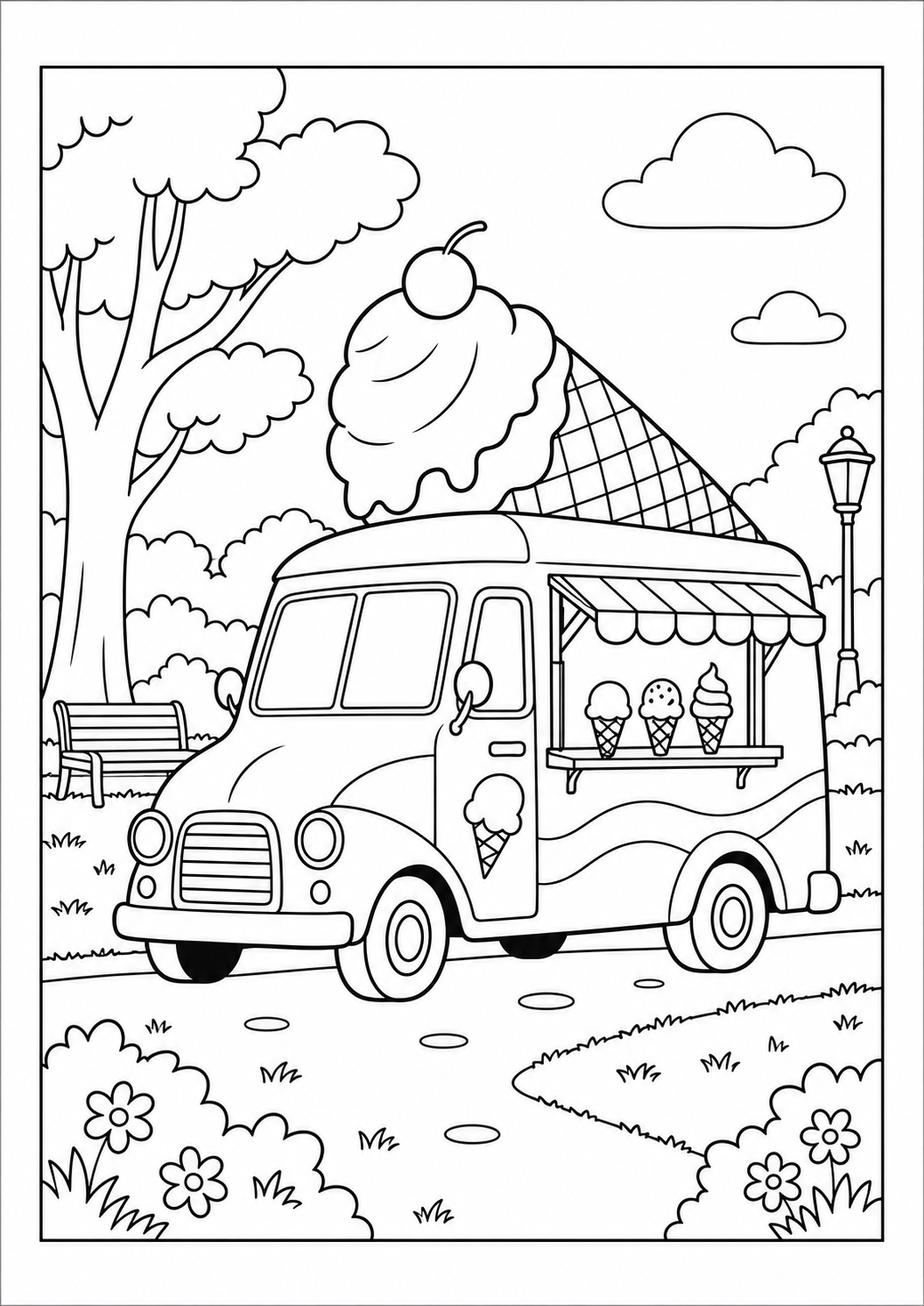 Camion de glaces au parc : dessin noir et blanc à colorier