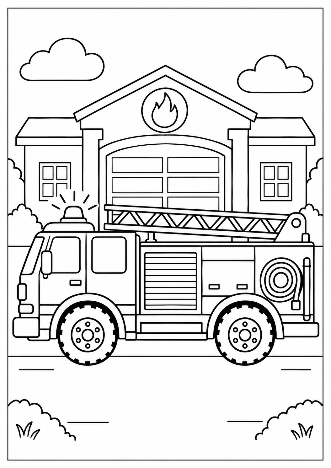 Camion de pompiers devant la caserne : dessin noir et blanc à colorier