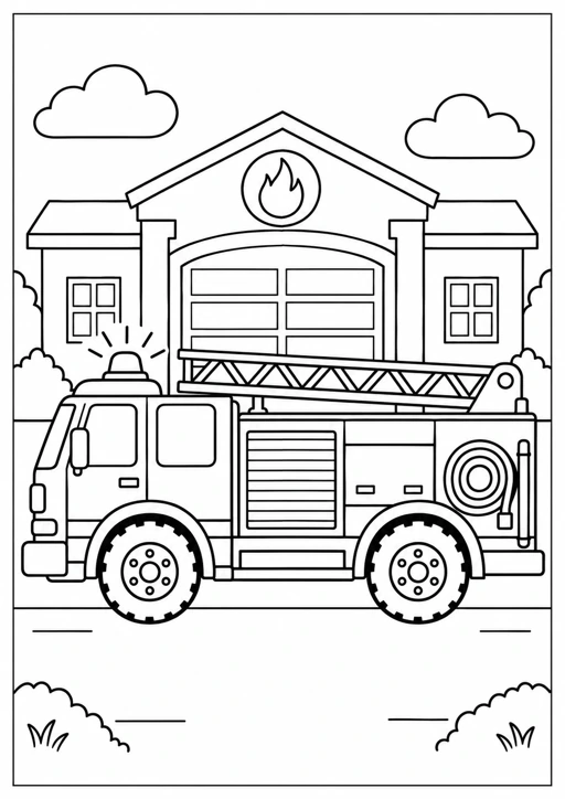 Camion de pompiers devant la caserne : dessin noir et blanc à colorier