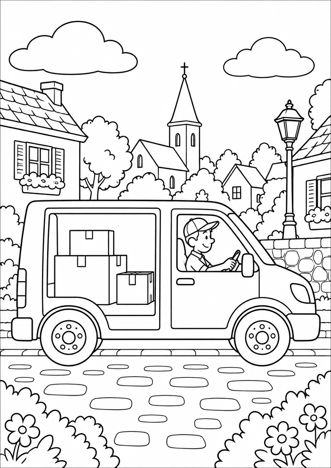 Camionnette de livraison : dessin en noir et blanc à colorier