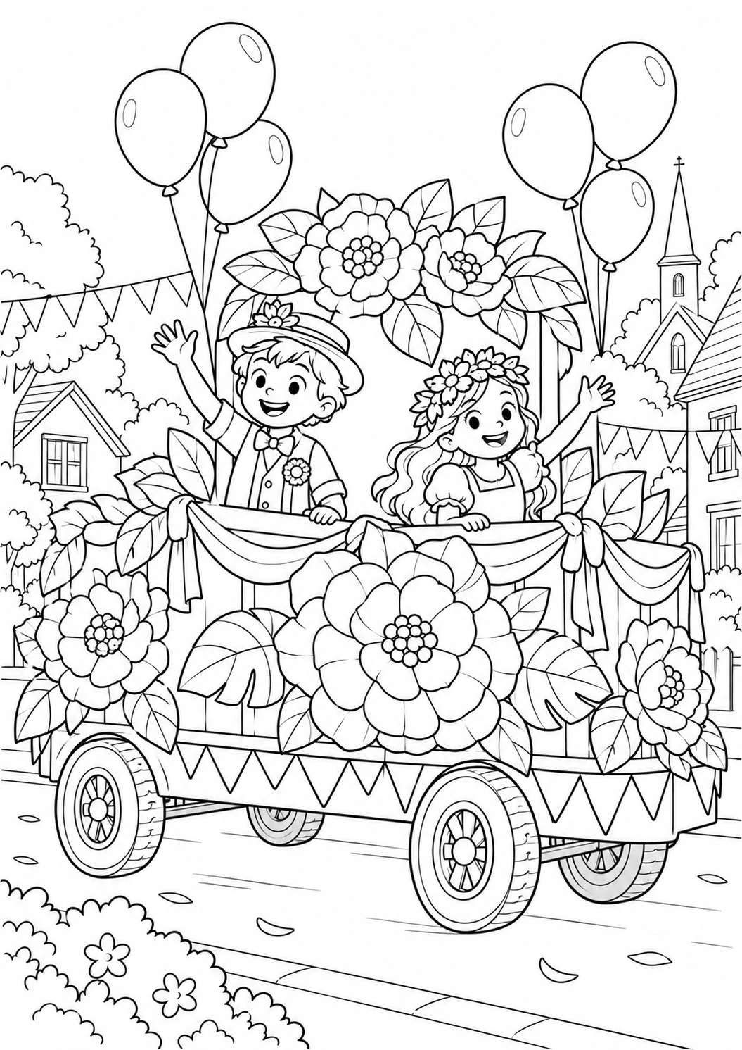 Carnaval : char couvert de fleurs : dessin noir et blanc à colorier