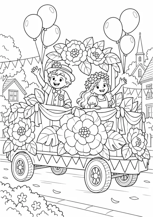 Carnaval : char couvert de fleurs : dessin noir et blanc à colorier