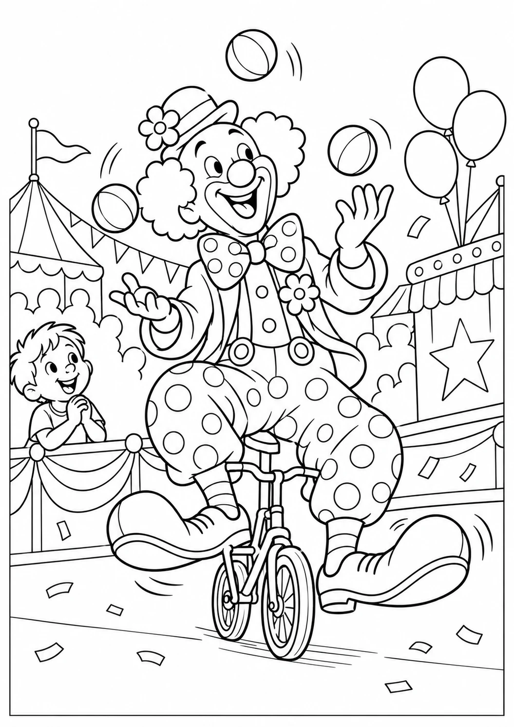 Carnaval : clown sur un petit vélo : dessin noir et blanc à colorier