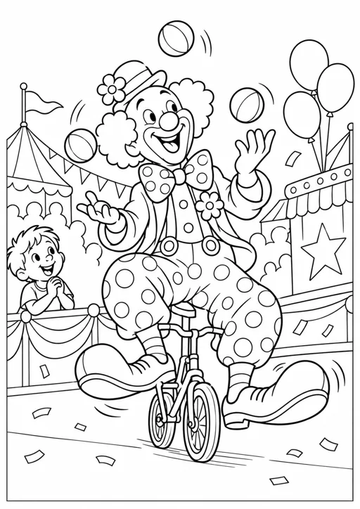 Carnaval : clown sur un petit vélo : dessin noir et blanc à colorier