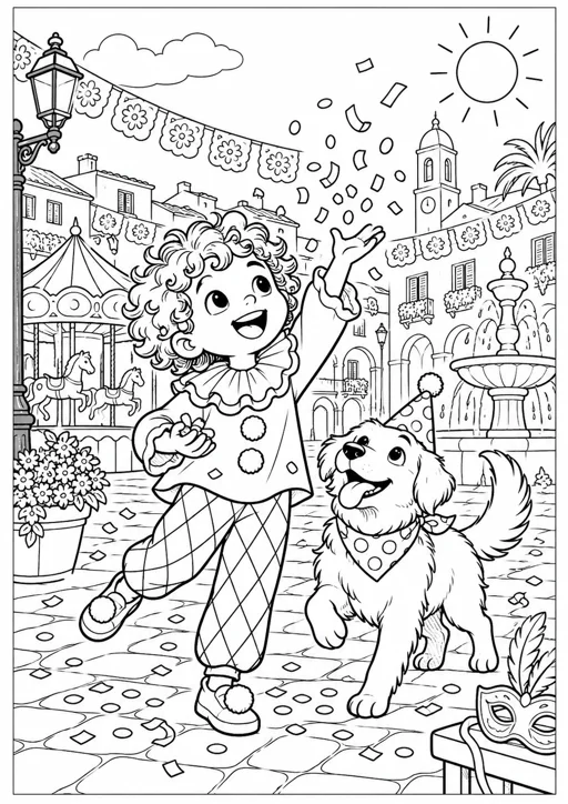 Carnaval : pluie de confettis : dessin noir et blanc à colorier