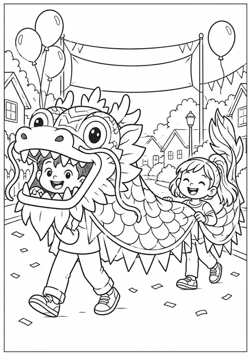 Carnaval : dragon à deux enfants : dessin noir et blanc à colorier