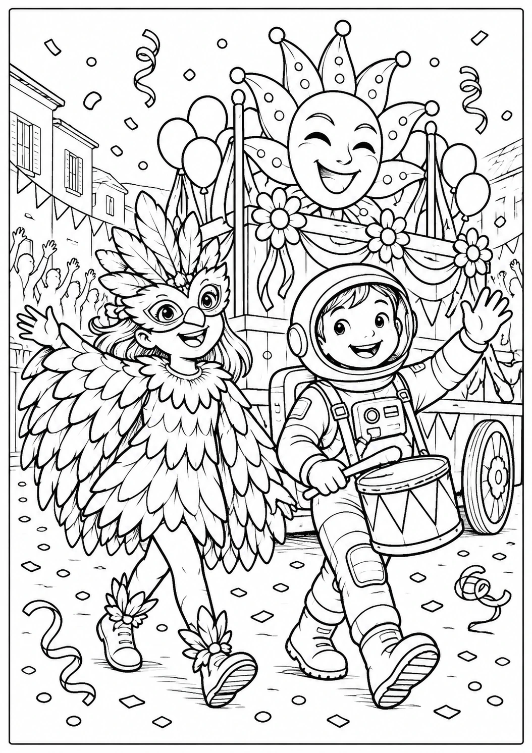 Carnaval : défilé des enfants : dessin noir et blanc à colorier
