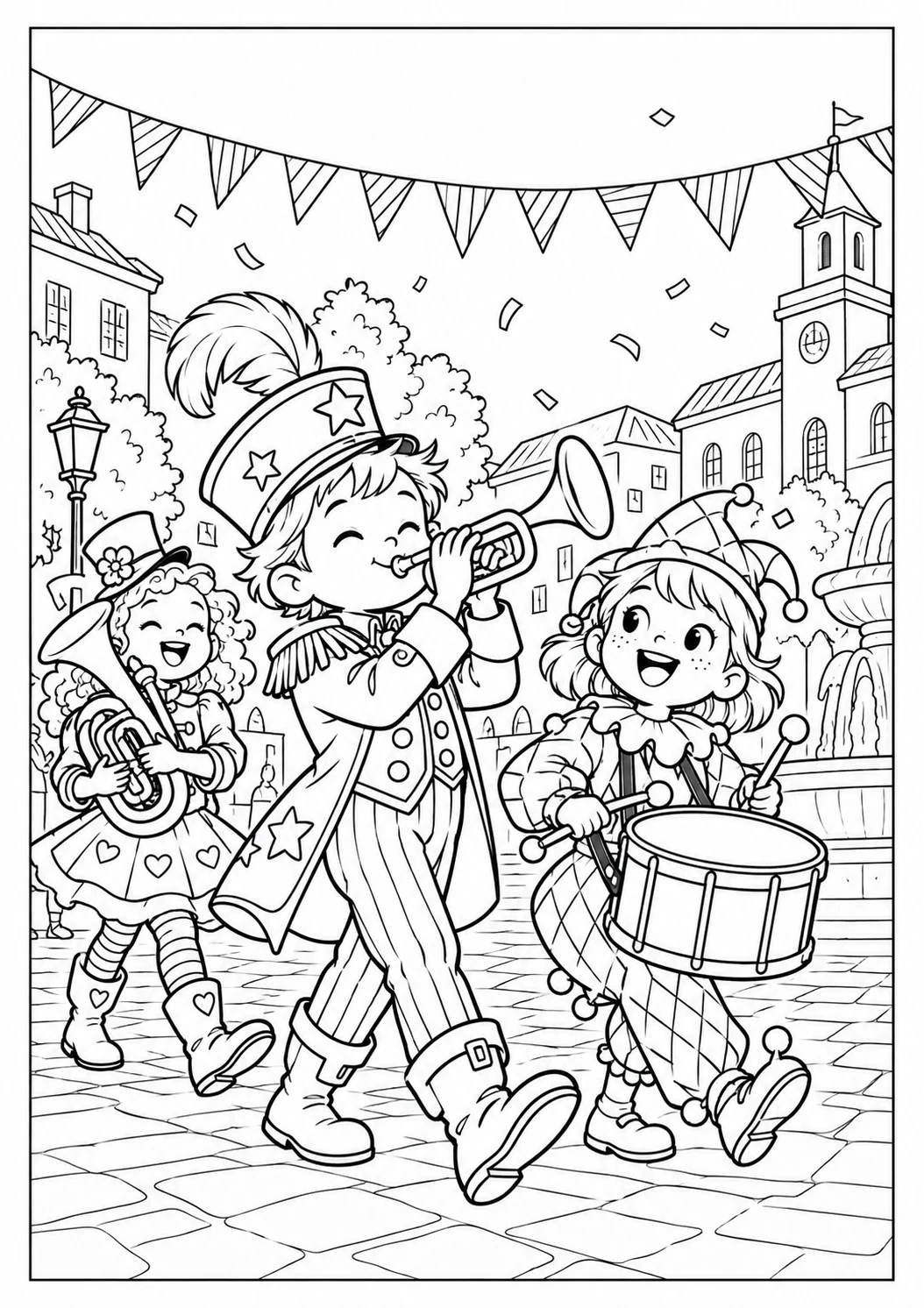Carnaval : fanfare sur la place : dessin noir et blanc à colorier