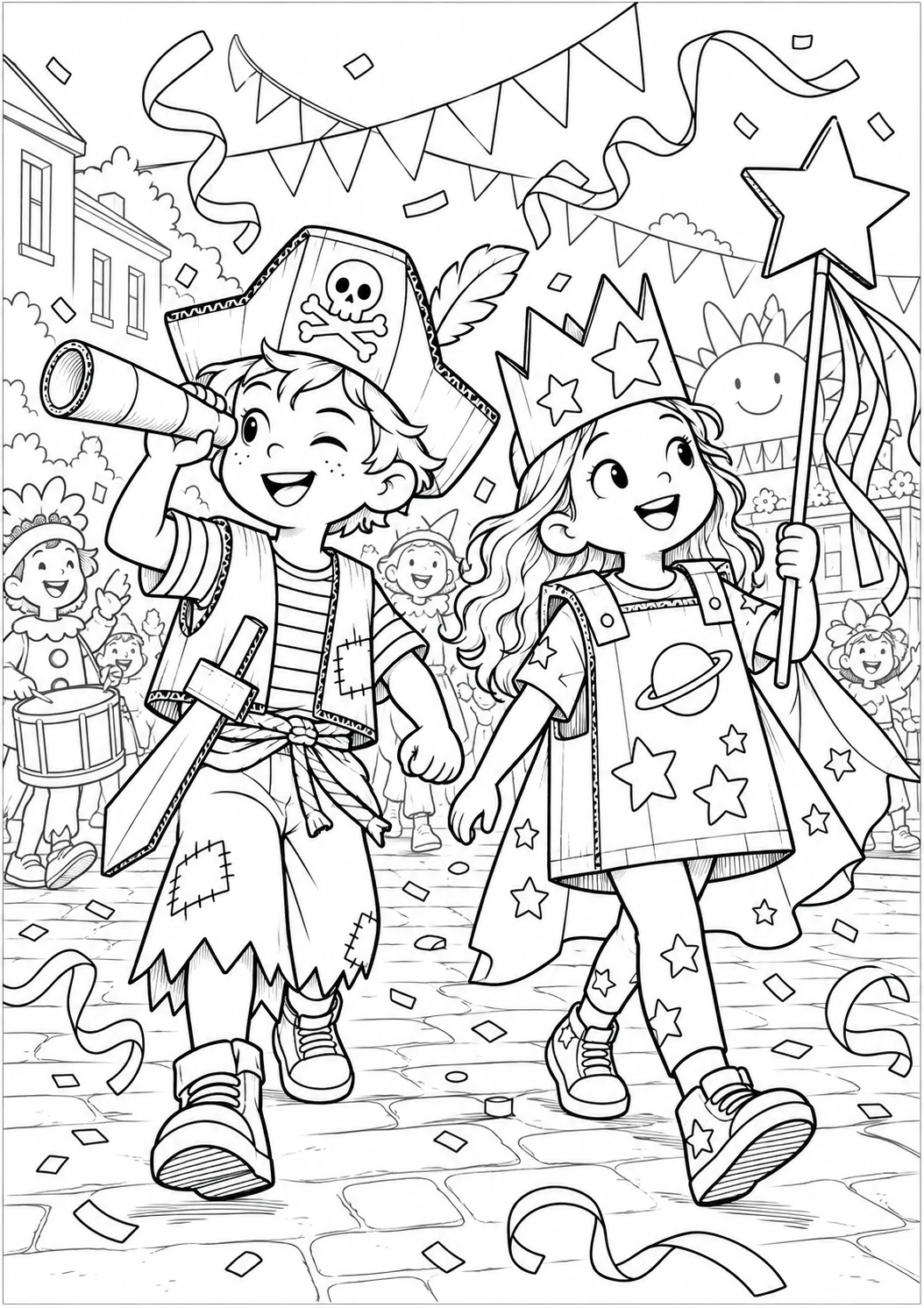 Carnaval : pirate et exploratrice des étoiles : dessin noir et blanc à colorier