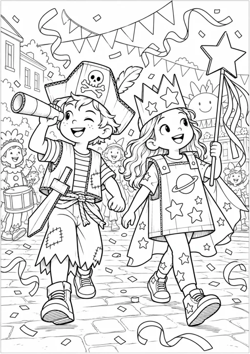 Carnaval : pirate et exploratrice des étoiles : dessin noir et blanc à colorier