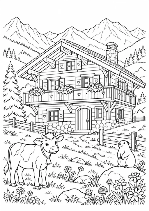 Chalet à la montagne : dessin en noir et blanc à colorier