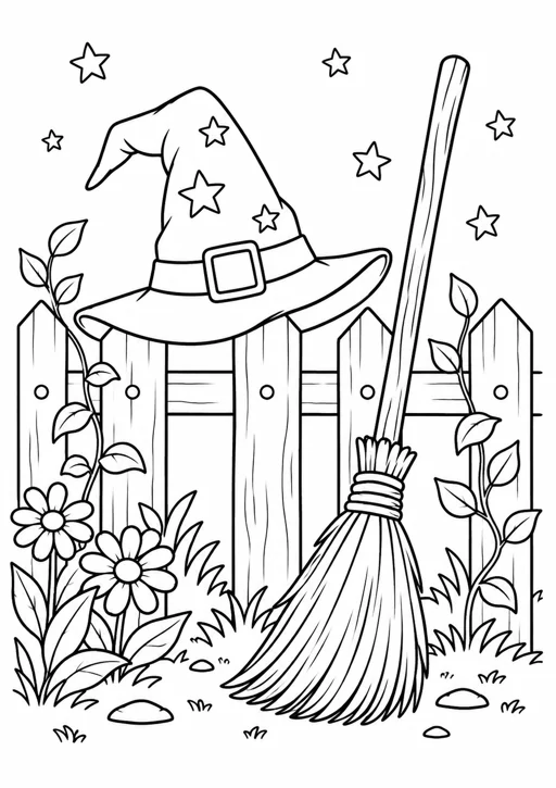 Chapeau et balai de sorcière : dessin en noir et blanc à colorier