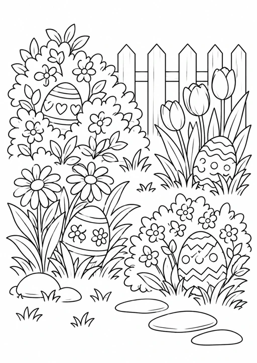 Chasse aux œufs au jardin : dessin noir et blanc à colorier