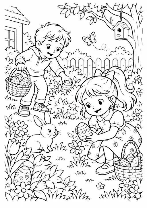 Chasse aux œufs de Pâques : dessin en noir et blanc à colorier