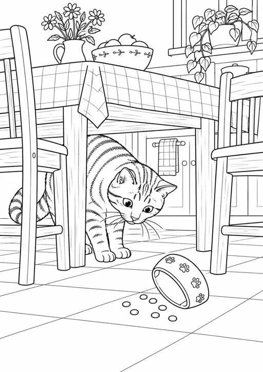 Chat curieux dans la cuisine : dessin en noir et blanc à colorier