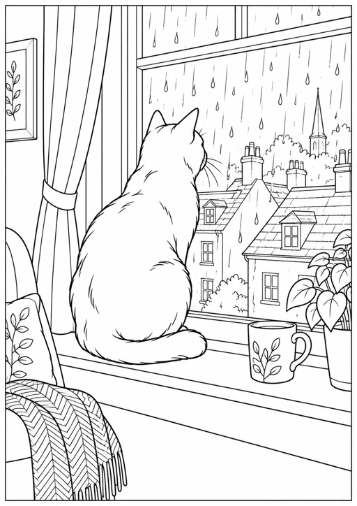 Chat à la fenêtre sous la pluie : dessin noir et blanc à colorier