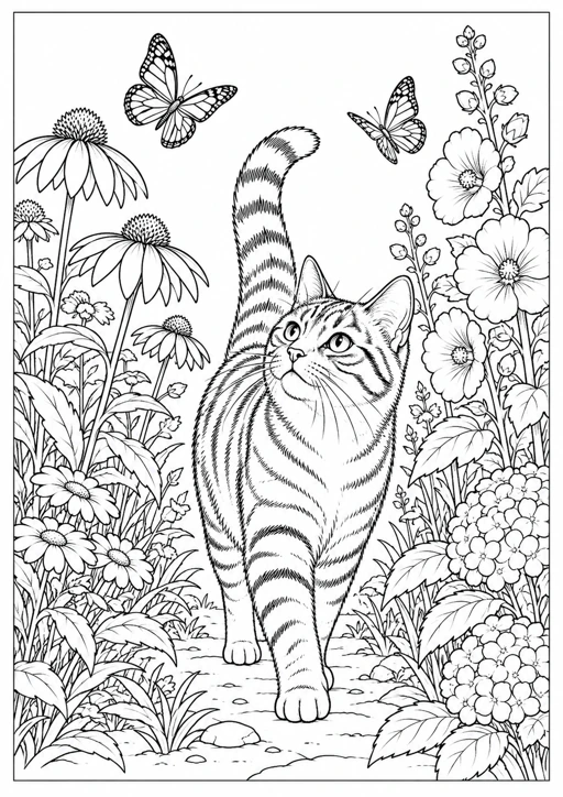 Chat dans le jardin aux papillons : dessin noir et blanc à colorier