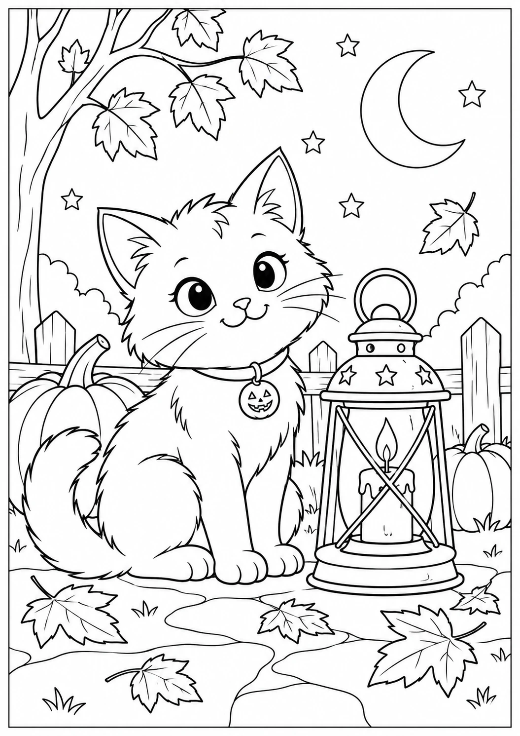 Chat noir et lanterne d’Halloween : dessin en noir et blanc à colorier