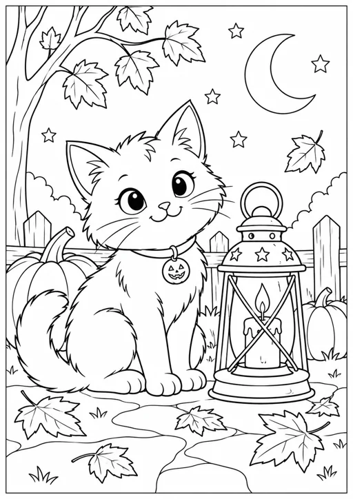 Chat noir et lanterne d’Halloween : dessin en noir et blanc à colorier