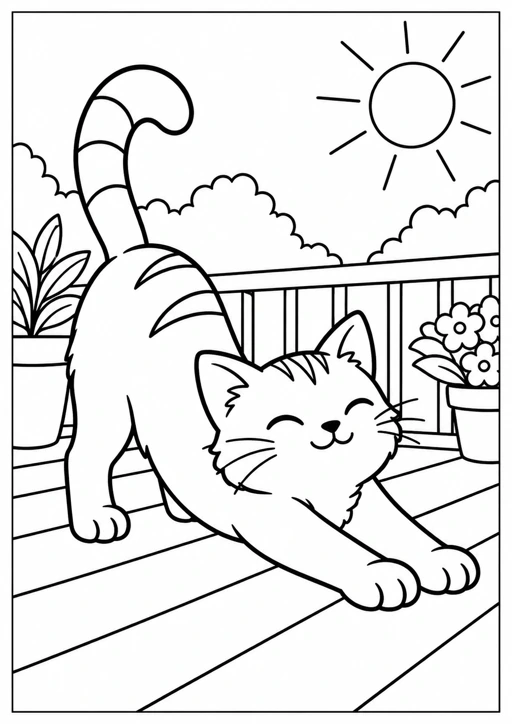 Chat qui s’étire au soleil : dessin noir et blanc à colorier