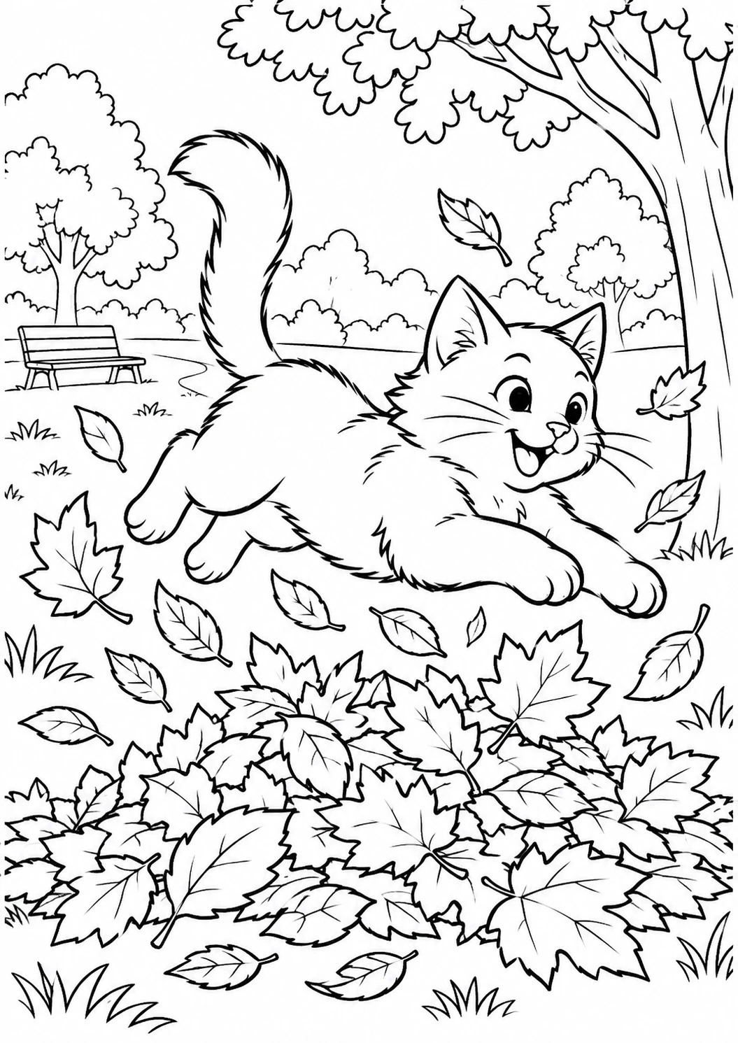 Chat bondissant dans les feuilles : dessin en noir et blanc à colorier