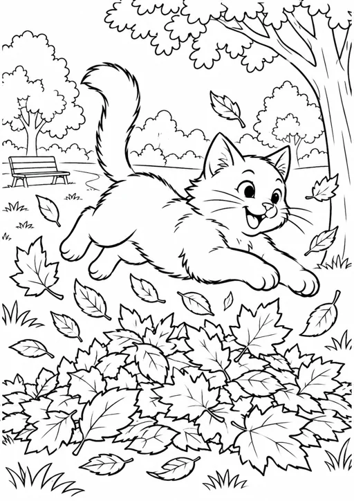 Chat bondissant dans les feuilles : dessin en noir et blanc à colorier