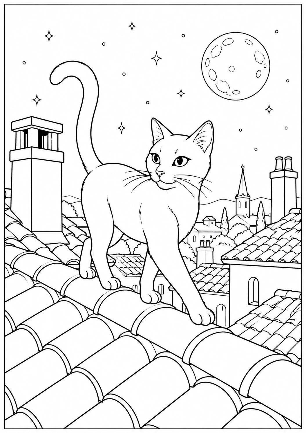 Chat sur les toits : dessin en noir et blanc à colorier