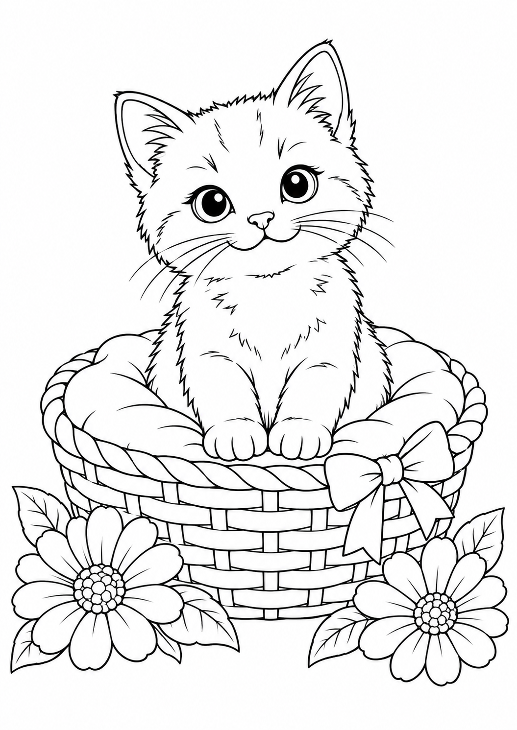 Chaton dans son panier : dessin au trait noir à colorier