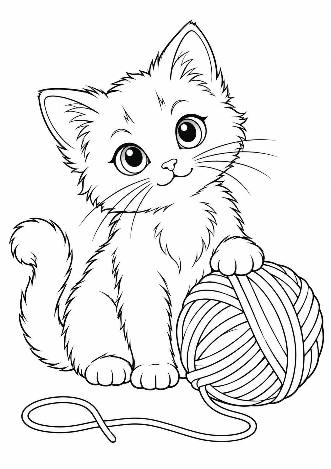 Chaton et sa pelote : dessin au trait noir à colorier