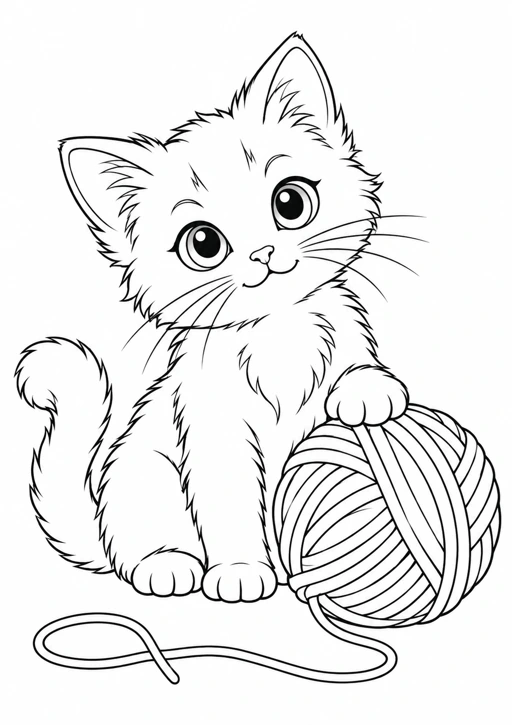 Chaton et sa pelote : dessin au trait noir à colorier