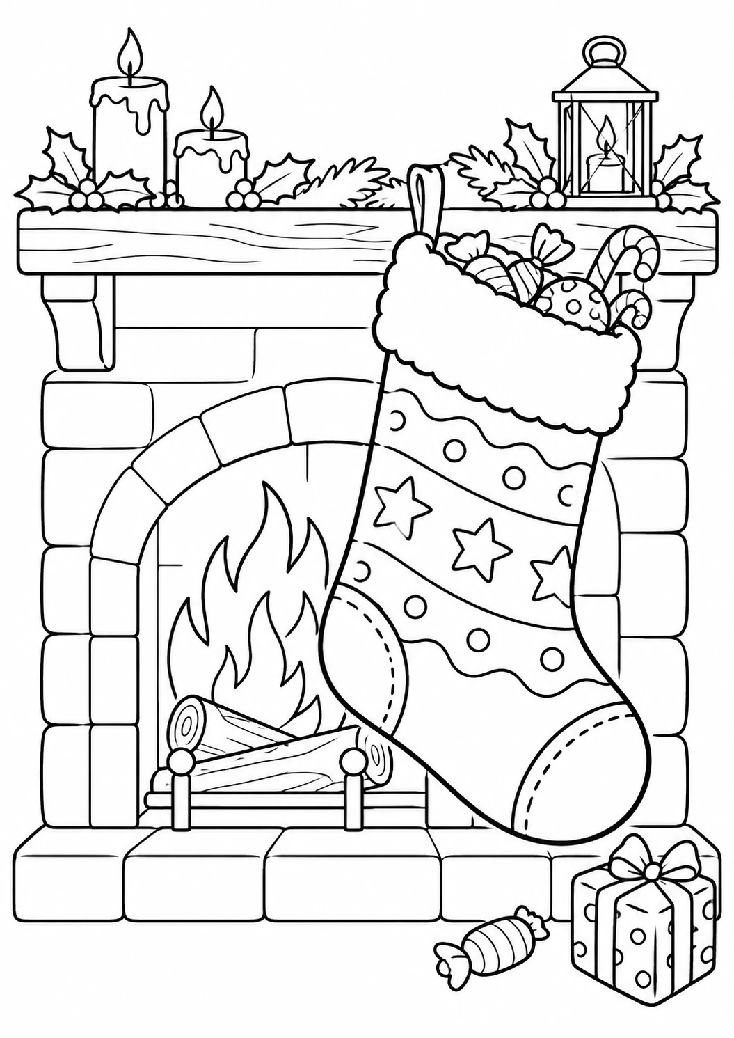 Chaussette de Noël : dessin en noir et blanc à colorier