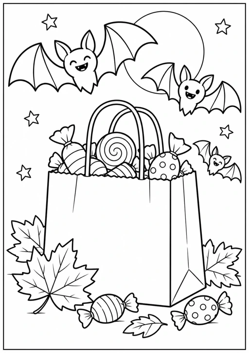 Chauves-souris et bonbons : dessin noir et blanc à colorier