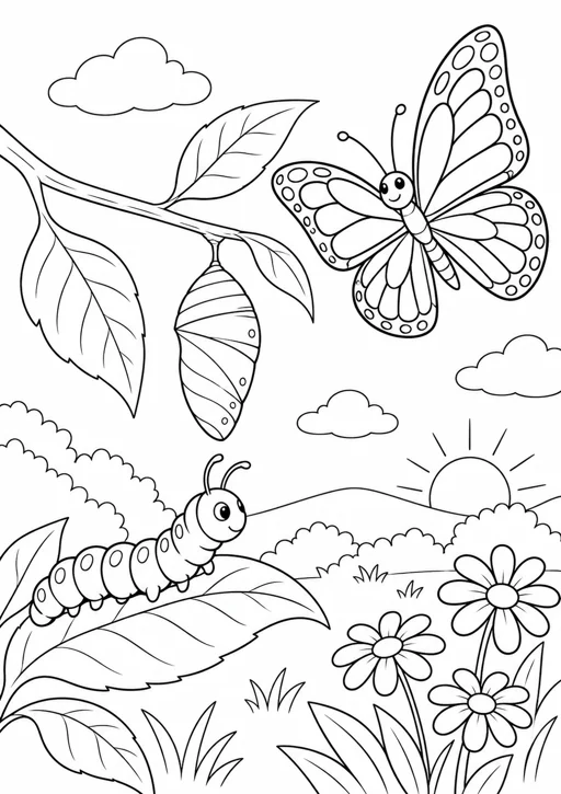 De la chenille au papillon : dessin en noir et blanc à colorier