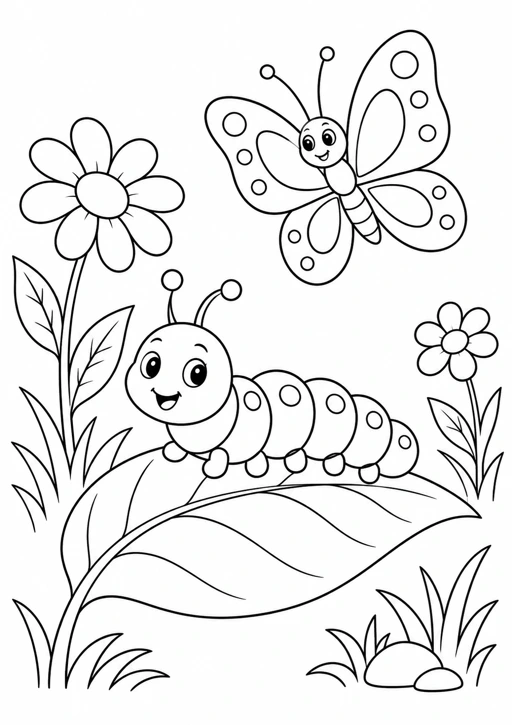 Chenille et papillon : dessin noir et blanc à colorier