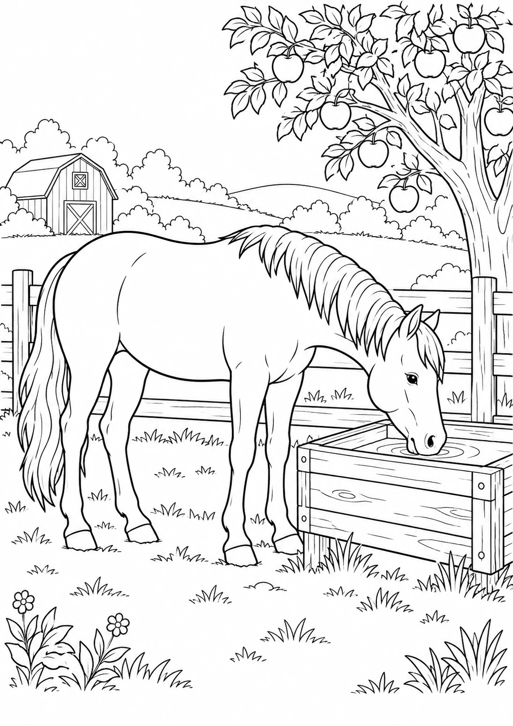 Cheval à l’abreuvoir : dessin en noir et blanc à colorier