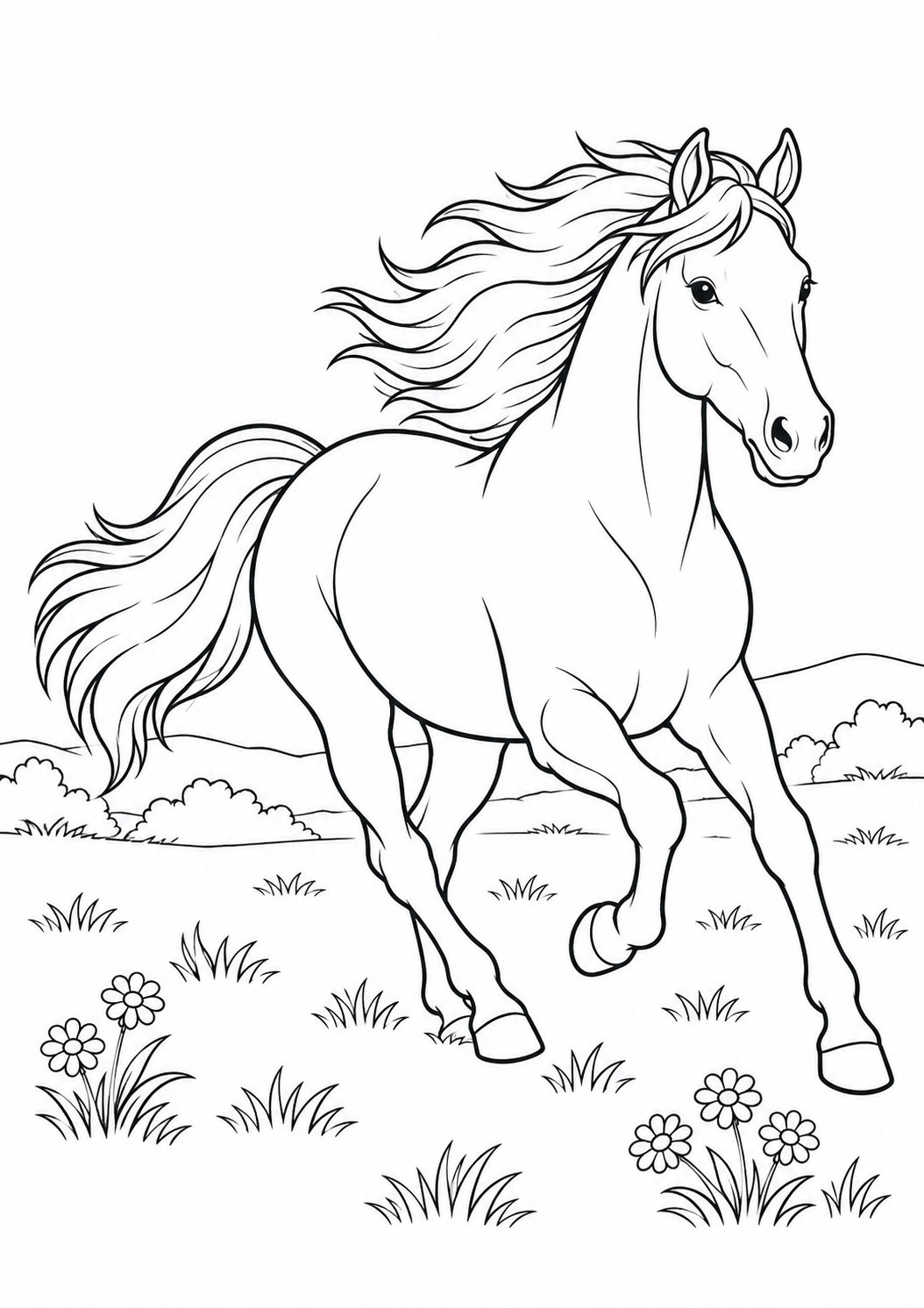 Cheval au galop : dessin noir et blanc à colorier