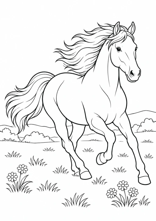 Cheval au galop : dessin noir et blanc à colorier