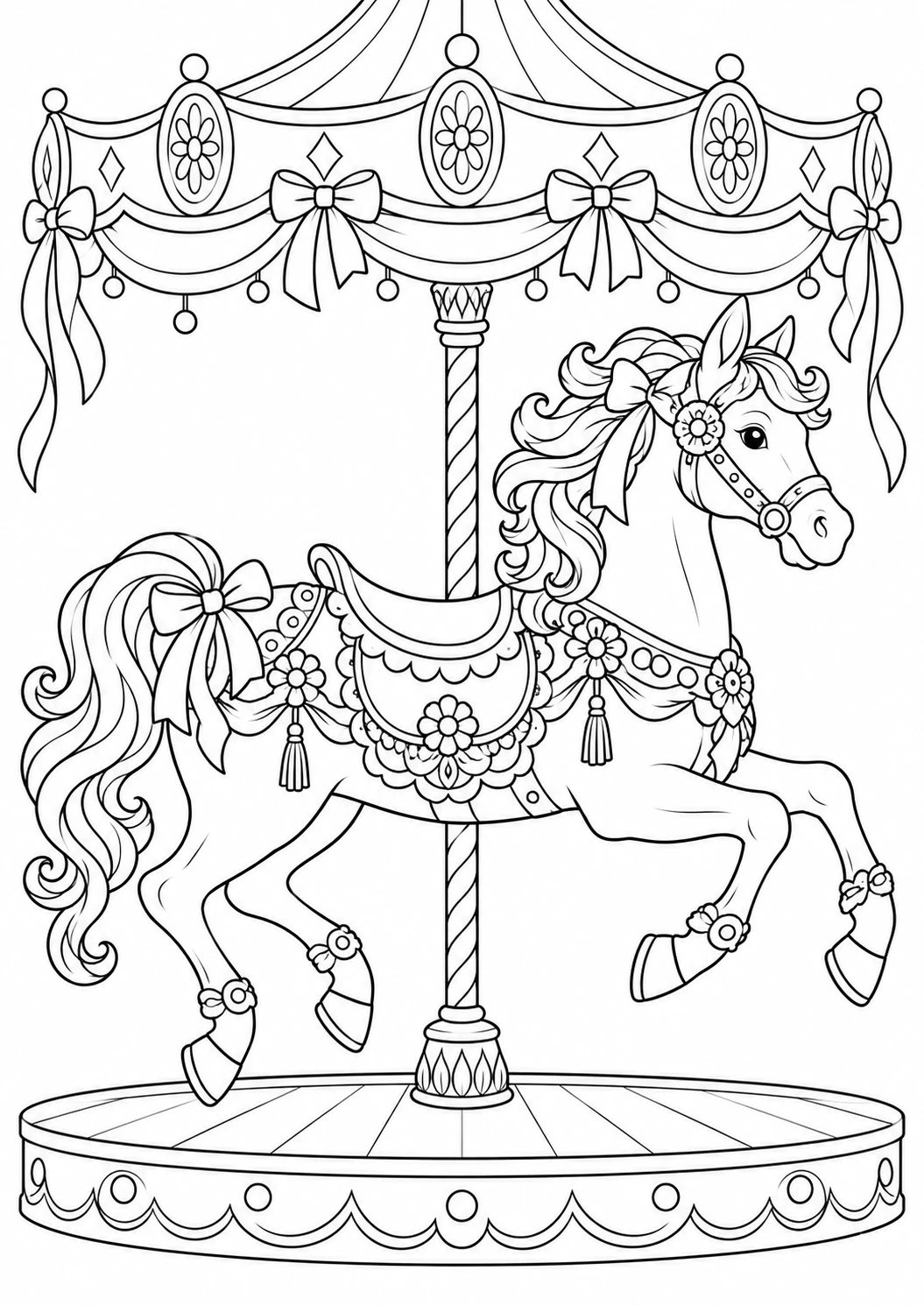 Cheval de manège : dessin en noir et blanc à colorier