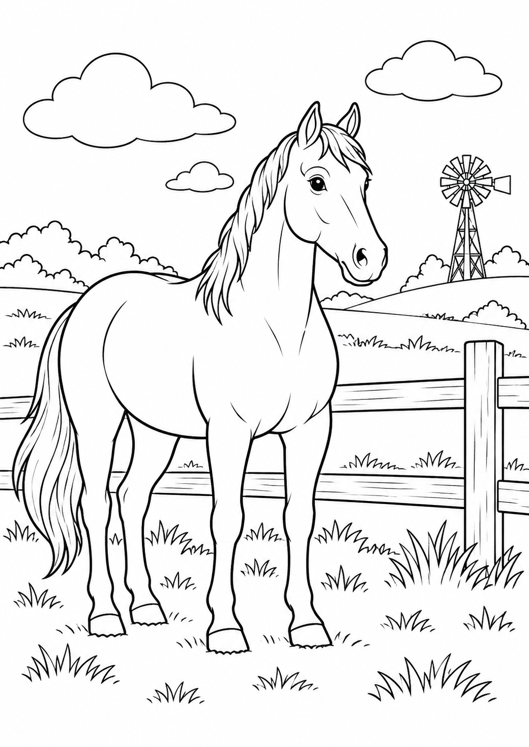 Cheval près du moulin : dessin noir et blanc à colorier