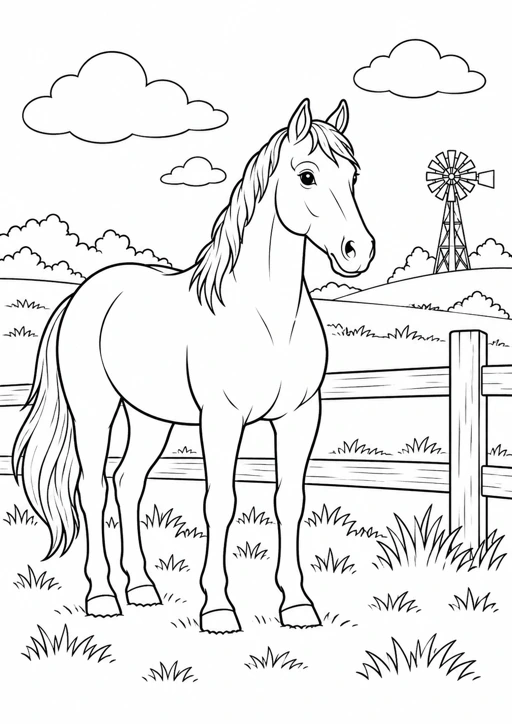 Cheval près du moulin : dessin noir et blanc à colorier
