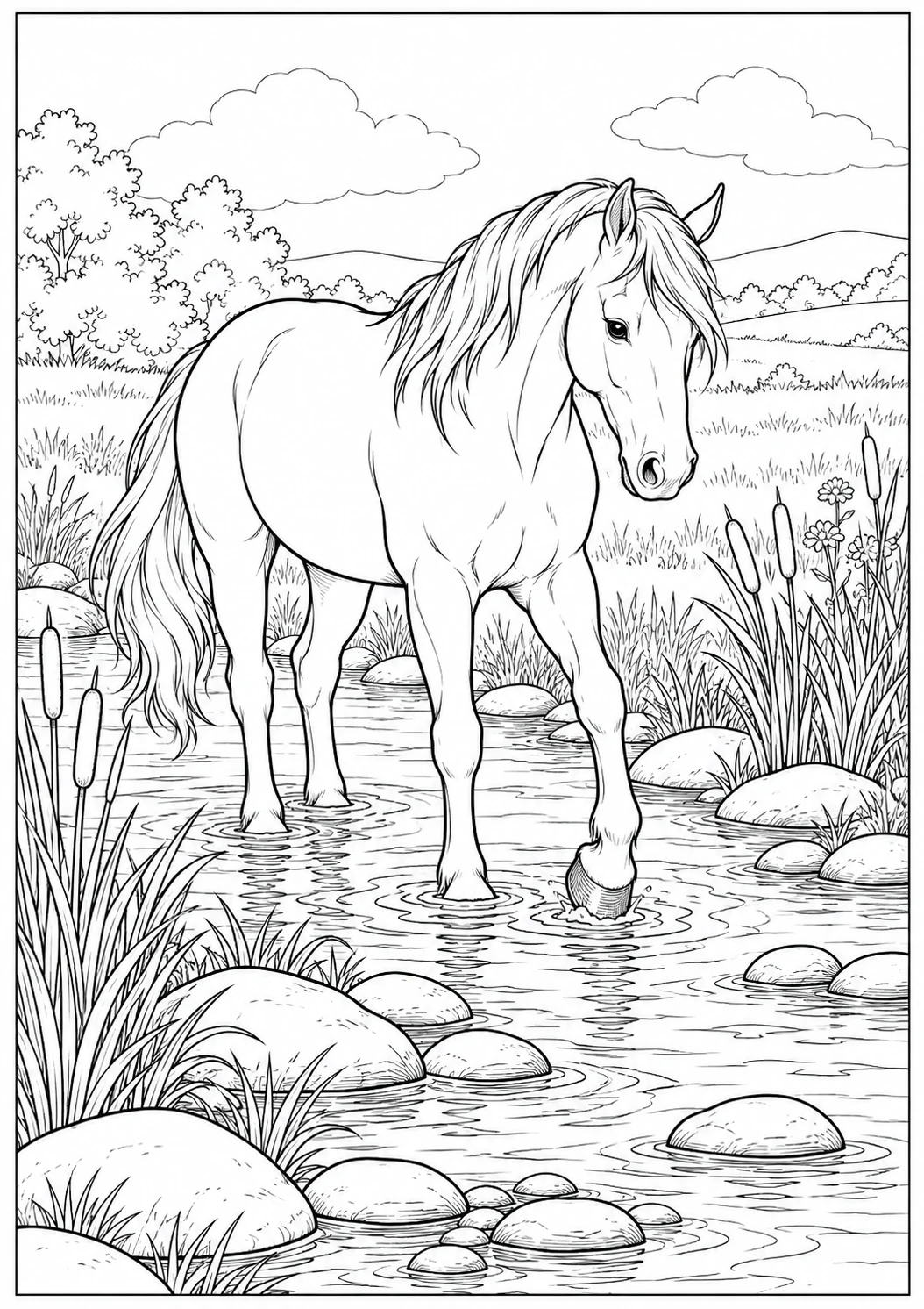 Cheval qui traverse le ruisseau : dessin noir et blanc à colorier