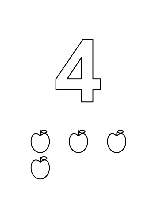 Chiffre 4 à colorier : pommes : dessin noir et blanc à colorier